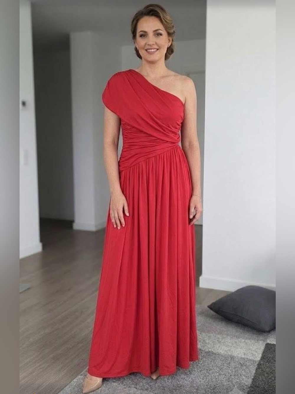 One-Shoulder Red Evening Gown with Draped Waist